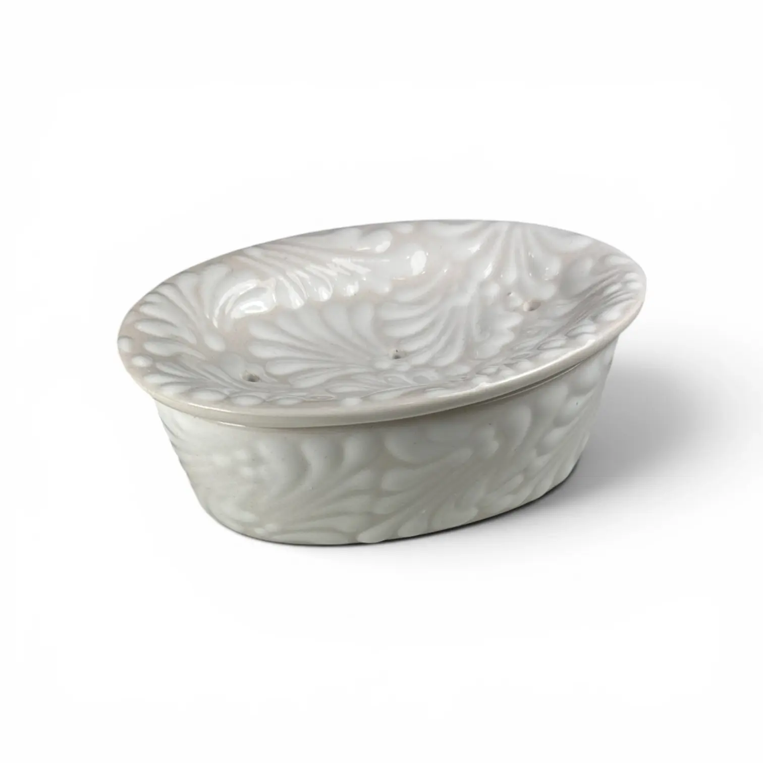 Talavera Soap Dish - Cream Base, White Detailing, Modern Design, Hand-Painted Plumeado Feather Motif, Handcrafted Bathroom Accessory, Unique Piece, Skilled Artisan-Made Minimal Home Soap Holder