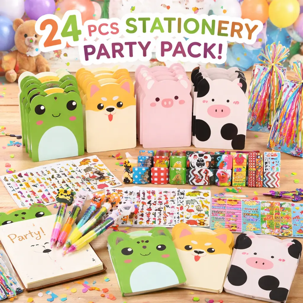 Unisex 24-Pack Stationery Party Packs - Birthday Goodie Bags with Multi-Colored Pens, Notebooks, Motivation Slap Bracelets for Classroom Rewards & School Return Gifts