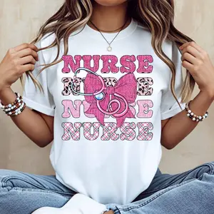 Nurse Nurse Nurse Nurse Pink Bow And Stethoscope Print T Shirt White Casual Loose Fit Women Top