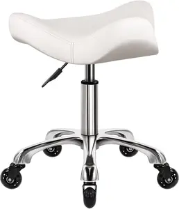 Heavy Duty Rolling Stool with Wheels Hydraulic Swivel Adjustable Rolling Stool Ergonomic Thick Irregular Leather Seat Chair for Kitchen Drafting Lab Office Salon Message Counter – White