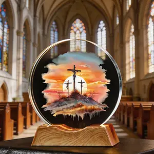 Jesus Crucifixion Sunset Scene Crystal Keepsake, Religious Gift for Baptism, Confirmation & Easter
