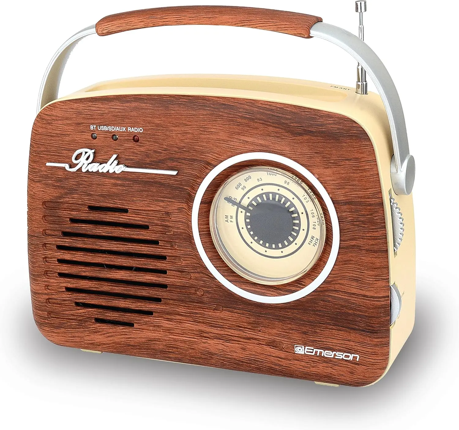 Emerson EAS-3002 Portable Wireless Bluetooth Audio Speaker, Vintage Retro Digital Radio with AM/FM Tuner, USB/AUX Inputs, Rechargeable - Mahogany