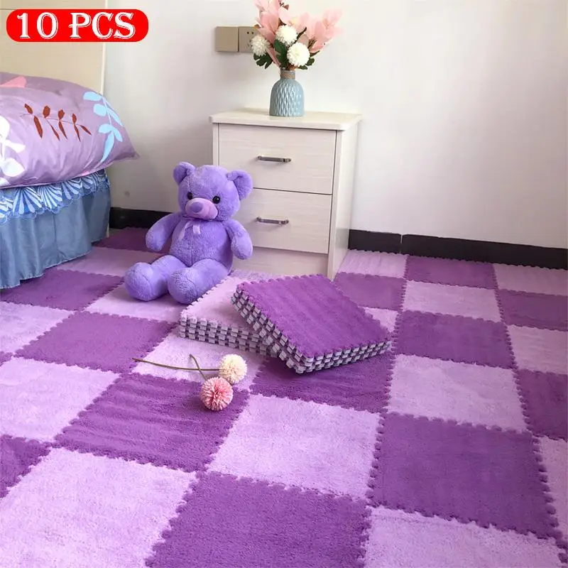 Colorblock Plush Puzzle Floor Mat, 10pcs/set Soft Comfortable Anti-slip Puzzle Area Rug, Interlocking Foam Tile, Cozy Floor Carpet for Home Decor, Roo