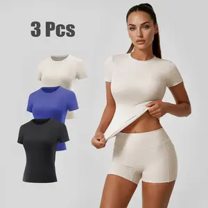 T&W Women's 3-Pack Slim Fit Moisture-Wicking Gym Shirt, Solid Round Neck Short Sleeve Yoga Workout Top