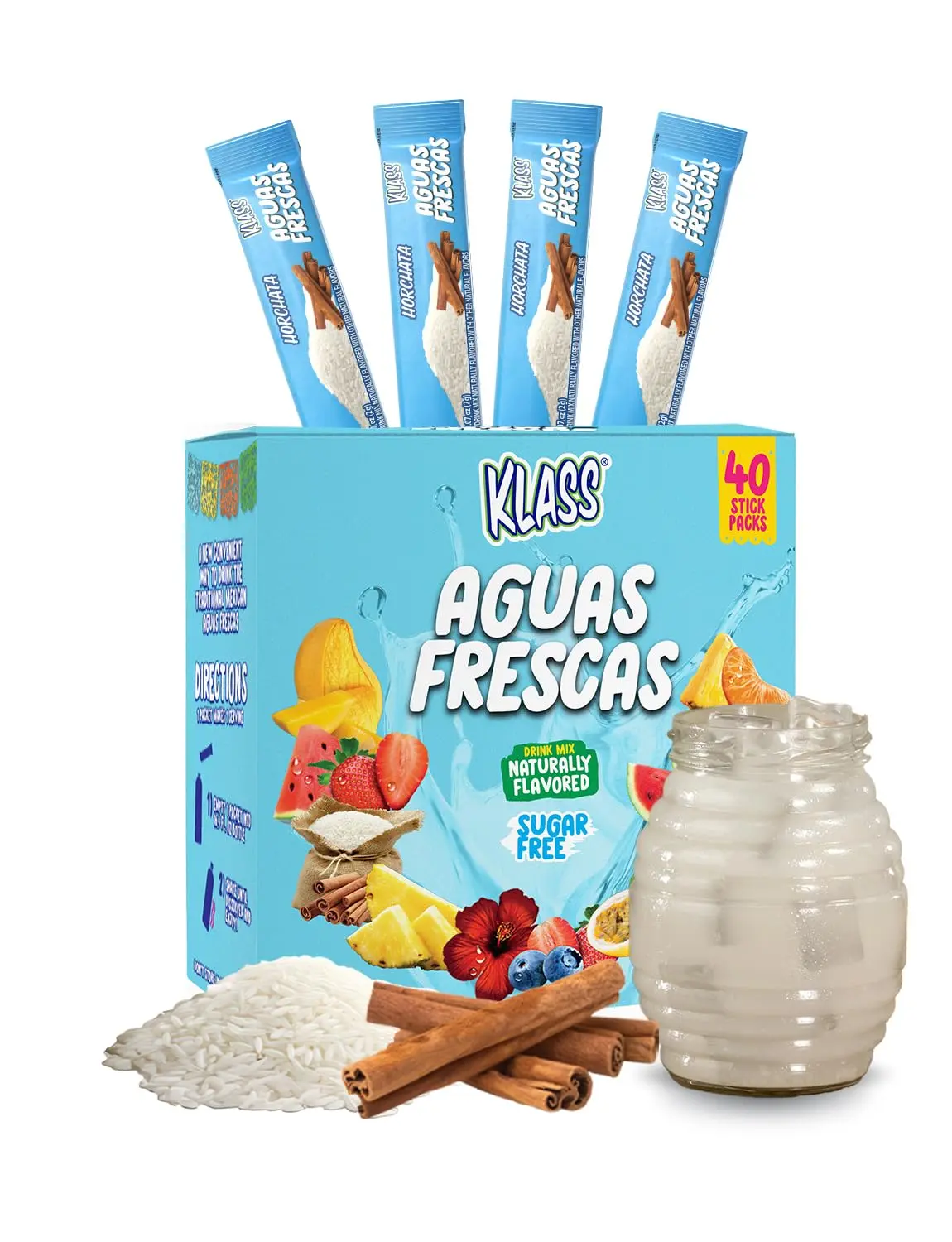 Klass Aguas Frescas Horchata Powdered Drink Mix, 40 Singles, Zero Sugar & Caffeine-Free Water Enhancer, 5 Calories Per Packet, Natural Flavors