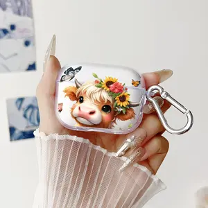 Flower - crowned Cow Pattern Protective Case for AirPods 4/3/2/1/Pro/Pro2 Soft TPU Earphone Cover, Transparent with Keychain