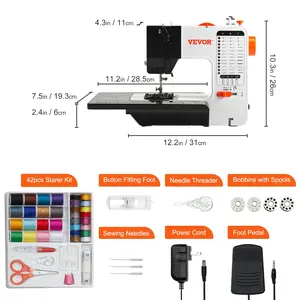 VEVOR Sewing Machine, Portable Sewing Machine for Beginners with 38 Built-in Stitches Reverse Sewing, Dual Speed Sewing Machine with Extension Table Foot Pedal, Accessory Kit Family Home Travel