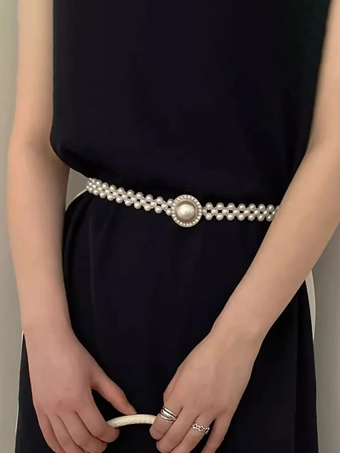 Rhinestone-Decorated Elastic Waist Belt with Artificial Pearls, Boho Style Stretch Design, Enhances Body Proportion, Perfect for Dresses and Coats, Rhinestones Belt