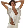 Women's Plain Chiffon Crop Top - Ruffled Flutter Sleeves, V-Neck, Lace-Up Back, Asymmetric Hem, Tiered Layer, Lightweight Semi-Sheer Chic, 2026 Summer Blouses, Clothes for Women, Evening Party Wear, Festival Top