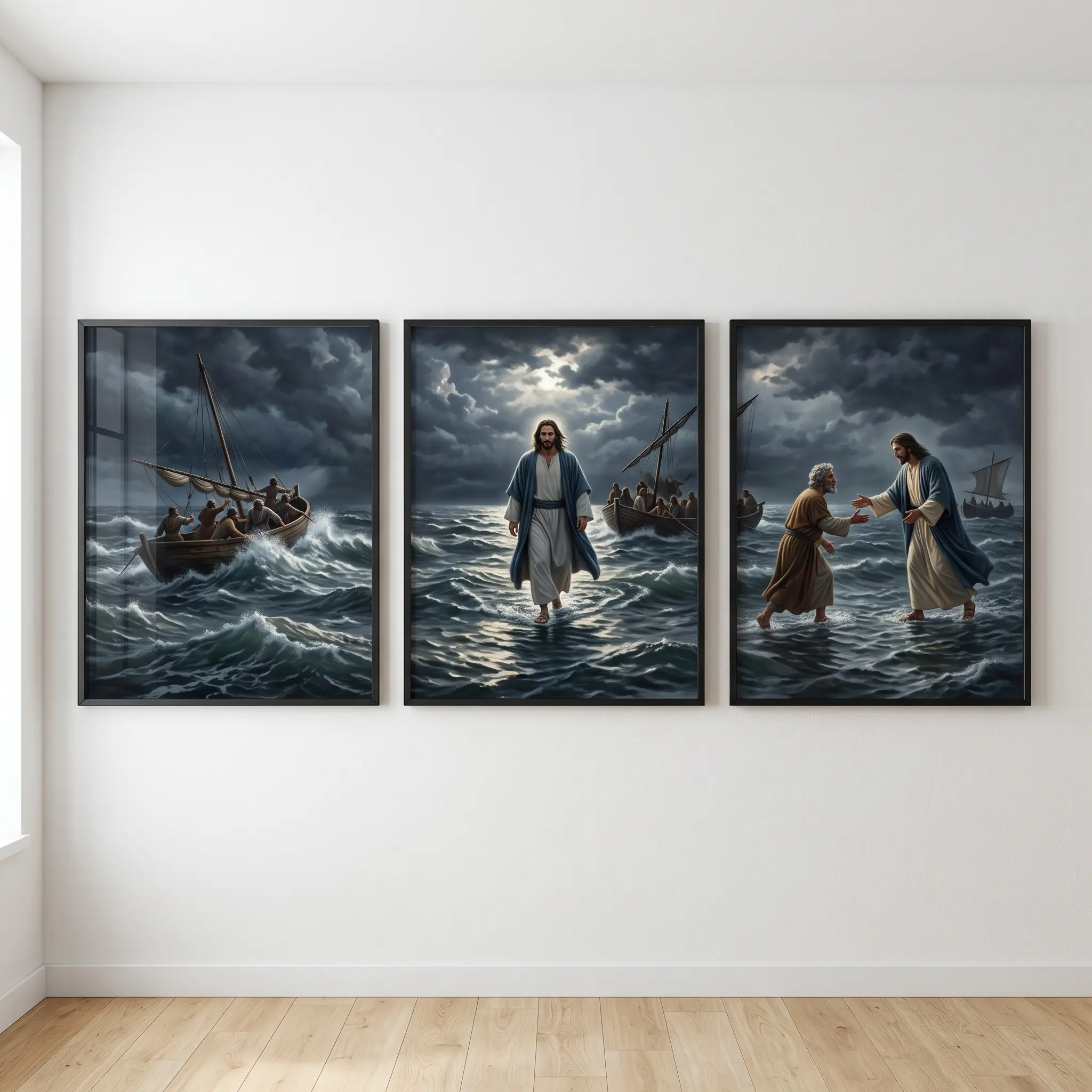 Poster Set of 3 [Unframed] Jesus Walking on Water | Christian Landscape | Gift for Christians