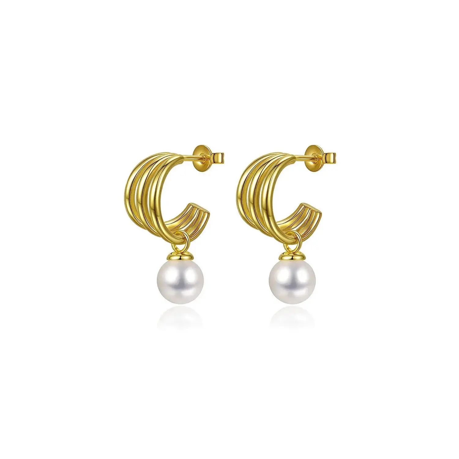Female Daily Elegant 3-Hoop Pearl Drop Earrings, Gold Costume Jewelry Accessory, Adults, Lightweight Construction