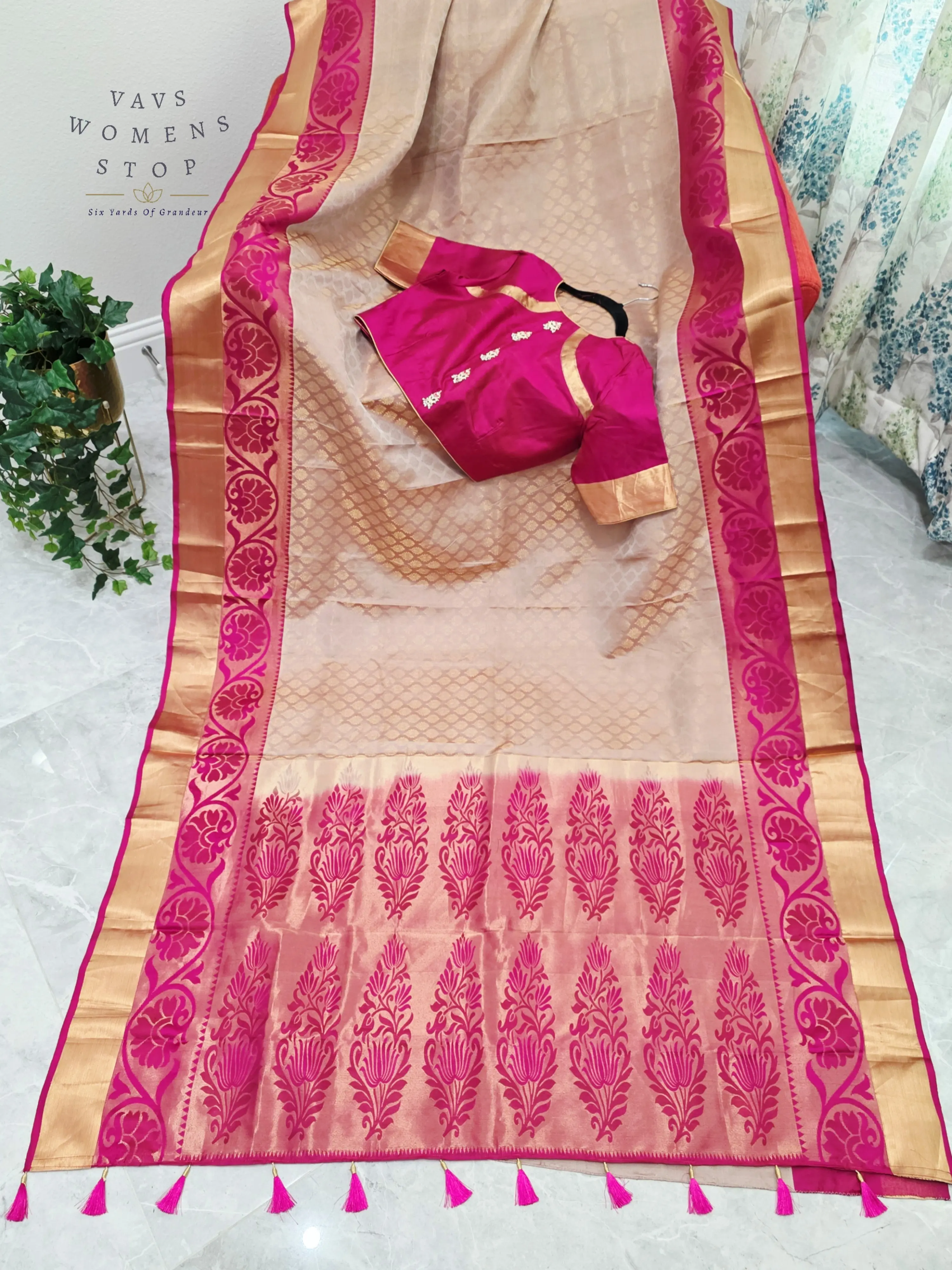 Regal Champagne Gold Pure Kanchi Handloom Double Warp Soft Silk Saree with Rani Pink Zari Border & Stitched Blouse
