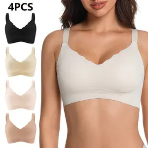 Women's V-Neck Crossover Seamless Jelly Bras 4-Pack Comfortable Bralette No Underwire Soft T-Shirt Bra Breathable Everyday Wear S-2XL