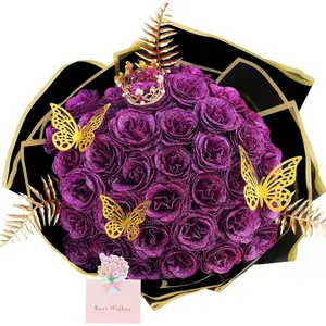 DIY Glitter Roses Bouquet 36 Pack - Artificial Shiny  Bouquet  Eternal Floral with Stems Flower Wrapping Paper 3D Butterflies Crowns for Anniversary Valentine's Day Birthday -Purple Rose