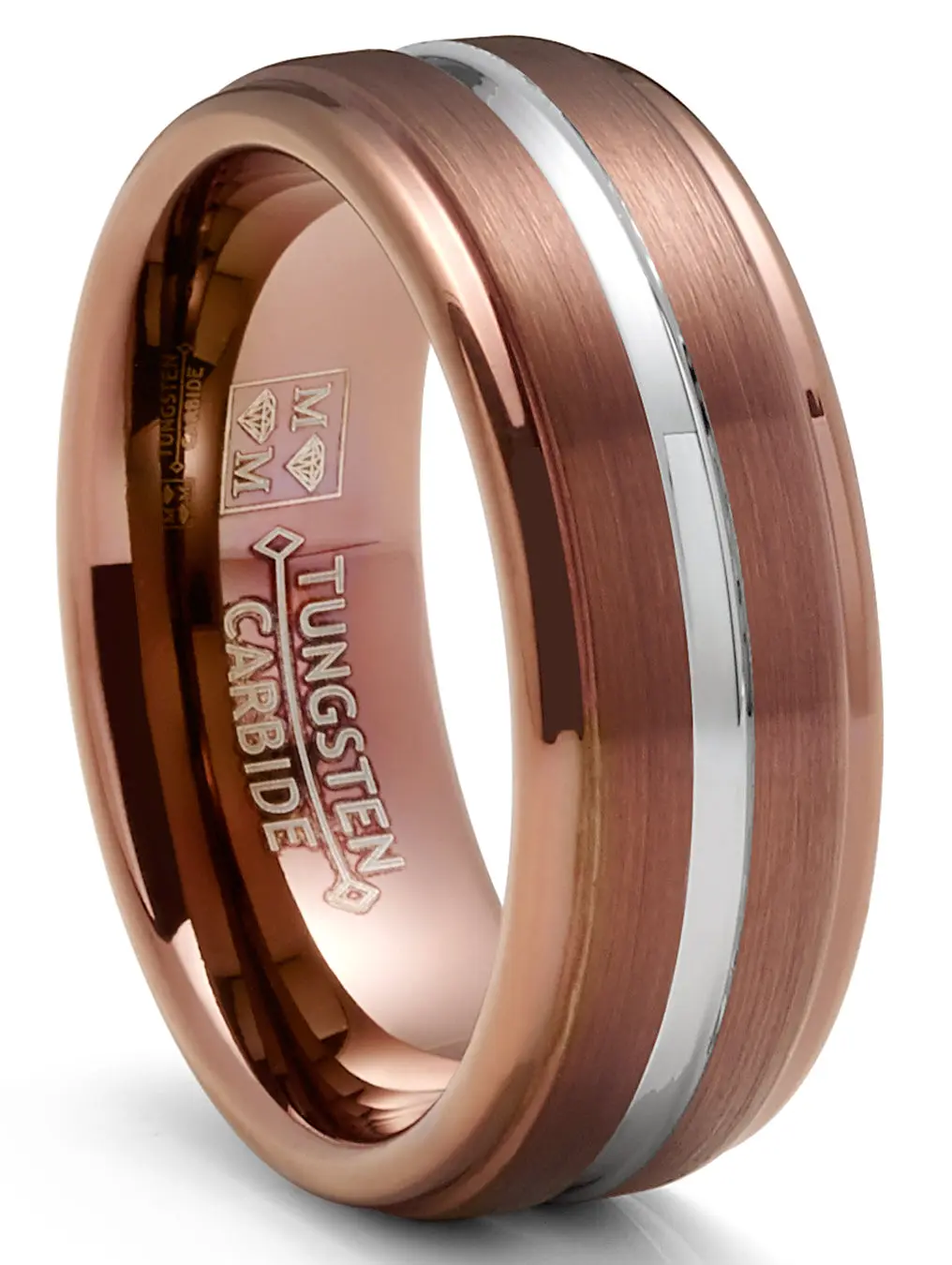 Men's Tungsten Carbide Ring, 8mm 2-Tone Wedding Band with a Brushed Chocolate Brown Finish and Silver Groove, Comfort Fit, Tungsten Metal