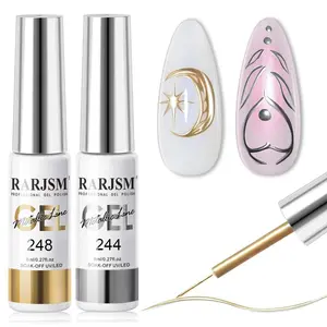 Metallic Gel Liner Nail Art Silver Bronze Gold 2pcs Set Mirror Chrome 3D Effect Gel Nail Polish 8ml Build in Thin Brush Metal Painted Drawing Stripper Gelpolish Curing Requires for Home Salon