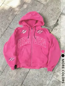 Unisex Street Style Fashion Fall & Winter Heaven Graphic Letter Print Fitted Hooded Sweatshirt, Long Sleeve Zipper Design, Casual Sportswear Streetwear Gift