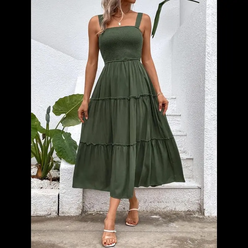 Women's Frill Trim Ruffle Hem Shirred Backless Fitted Sundress Cami Dress, Sleeveless A Line Long Dress, Women's Frill Trim Ruffle Hem Shirred Backless Fitted Sundress Cami Dress, Sleeveless A Line Long Dress,