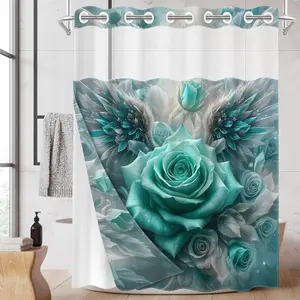 1PC/4PCS 2D Flat Printing Turquoise Roses with Feather Decorations Patterned shower curtain, home bathroom decor, shower curtain set with 12 hooks, non-slip bathroom rug, U-shaped toilet seat cover, toilet seat mat.