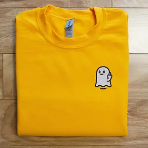 Ghost Giving the Middle Finger Embroidered Crewneck Sweatshirt, Womenswear, Unisex, Cotton Halloween Sweater