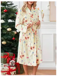 Women's Flannel Bathrobe, Floral Printed Scarf Neck, Belted Kimono Style, Long Sleeve Cotton Plaid Pajamas, All Seasons Wear