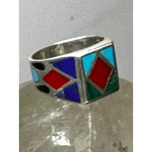 Turquoise coral ring malachite onyx lapis size 8.50 southwest sterling silver women men