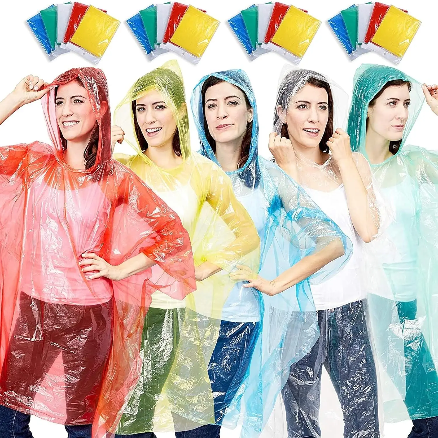 20-Pack Disposable Rain Ponchos with Hood for Adults, Lightweight Emergency Plastic Poncho for Outdoor Events, Travel, Camping, Hiking, and Festivals, Clear Multicolor