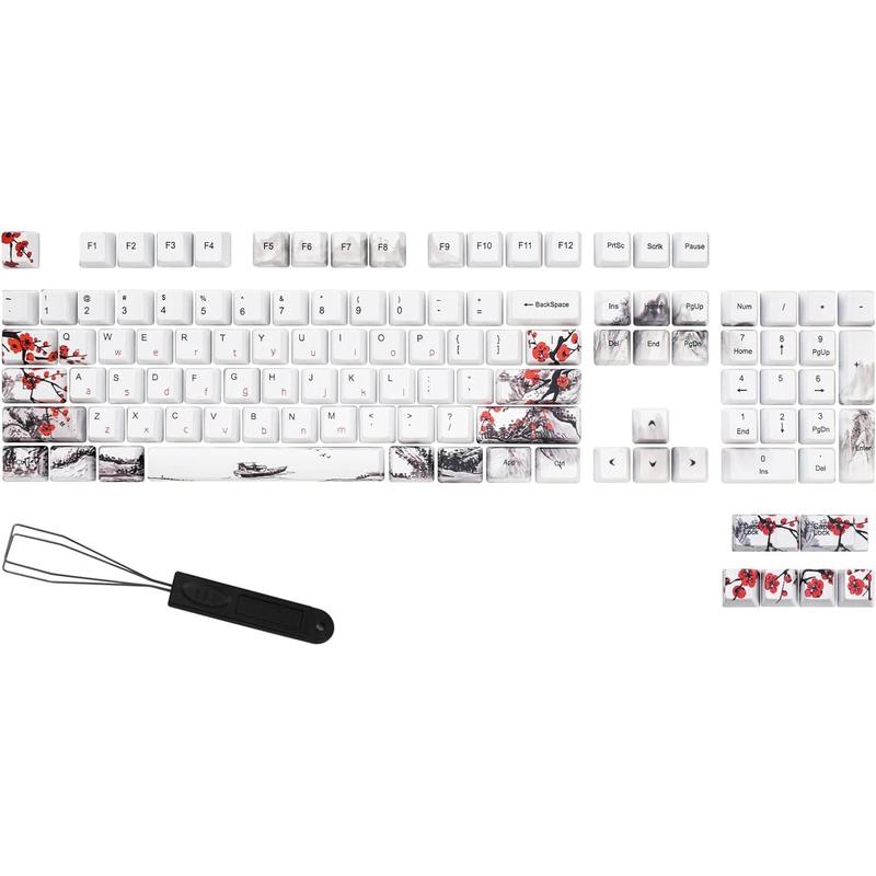 Plum Blossom Keycaps 71 Set for Gaming Mechanical Keyboard Custom PBT OEM Profile Japanese Font with Keycap Puller for Cherry MX 71/61 60 Percent Keyboard
