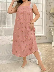 Women's Summer Bubble Gauze Sleepwear Set, Lace Trim Floral Pattern, Casual Loose Fit Design, Perfect for Home Comfort & Relaxation, Sleeveless Nightgown, Nightdress Pyjama Set, Loungewear