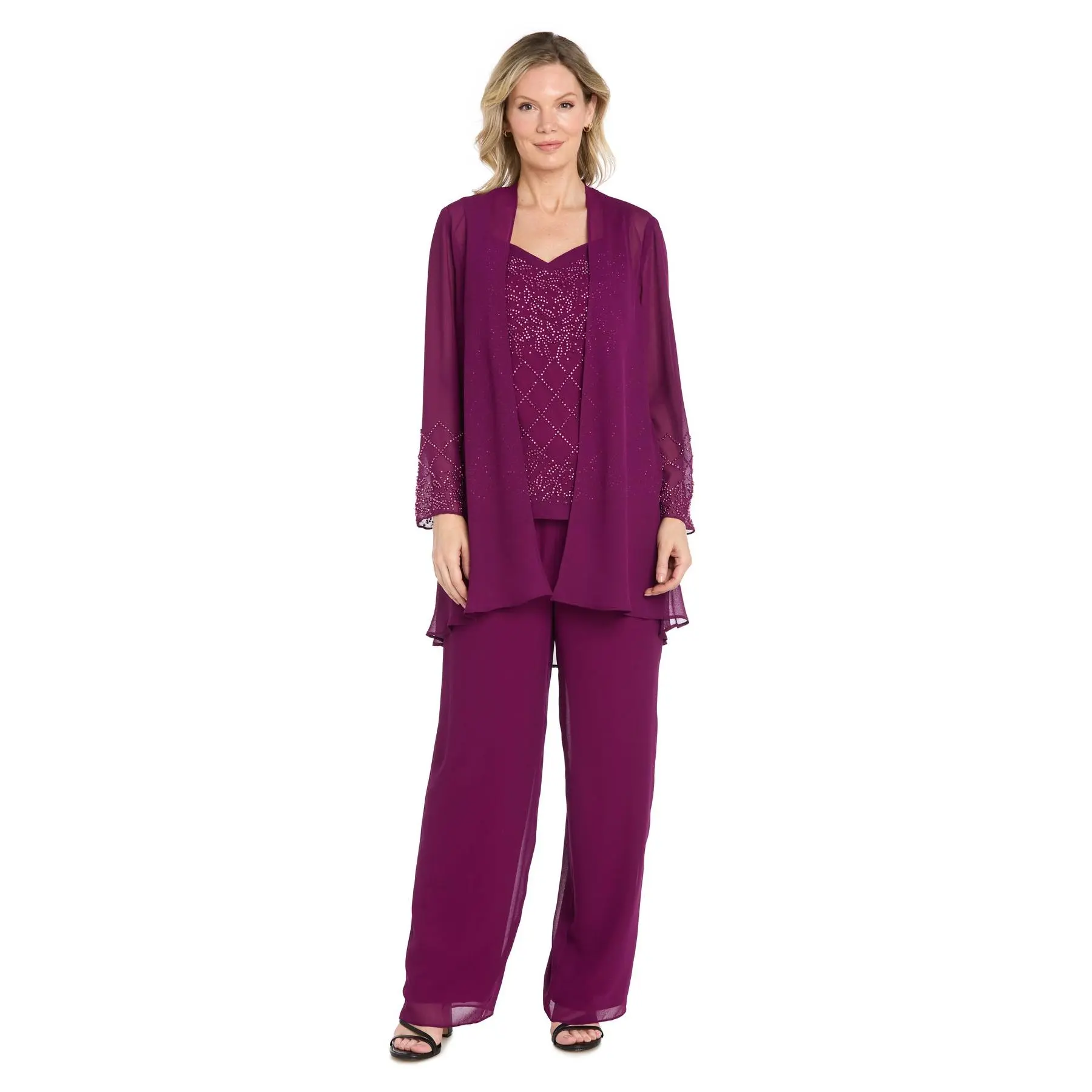 3-Piece Georgette Pantsuit with Caviar Beading