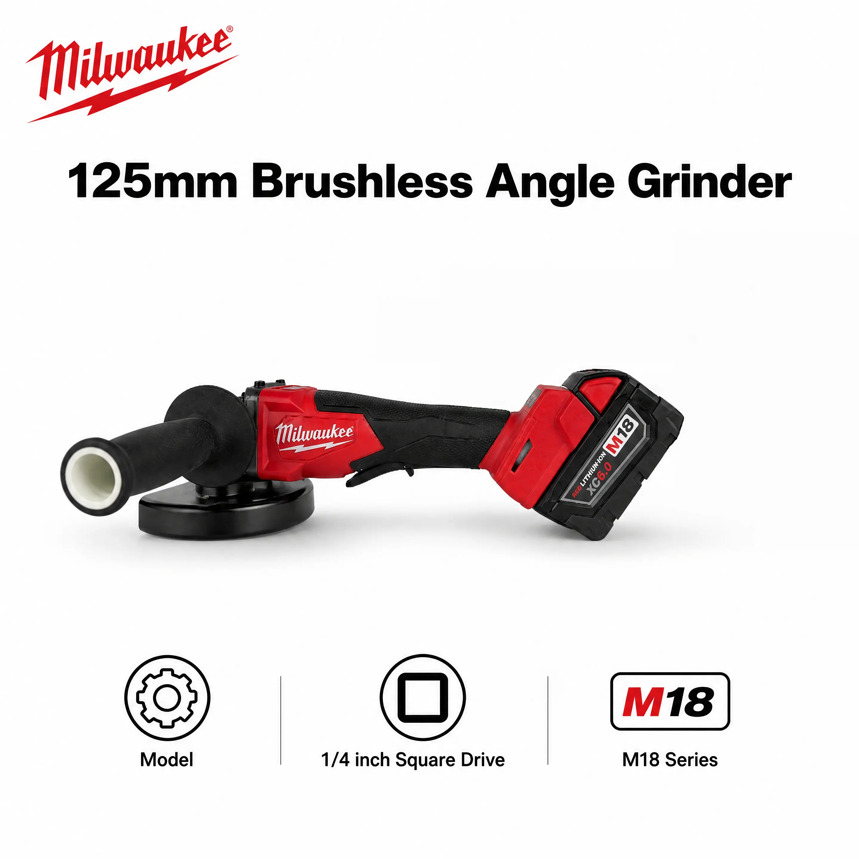Milwaukee 125mm 18V Cordless Angle Grinder, Powered by M18 Lithium Battery, Multi Adjustable Speed Settings, 10000 RPM, Ideal for Rust Removal, Workpiece Trimming & On-Site Multi-Scenario Mechanical Processing