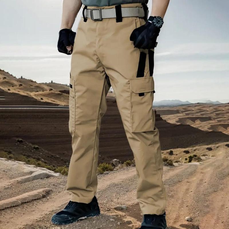 Men's durable outdoor training pants, men's multi-pocket work pants, men's solid color and printed pocket zipper waterproof tactical cargo pants without belt, regular fit sports pocket durable autumn pants.