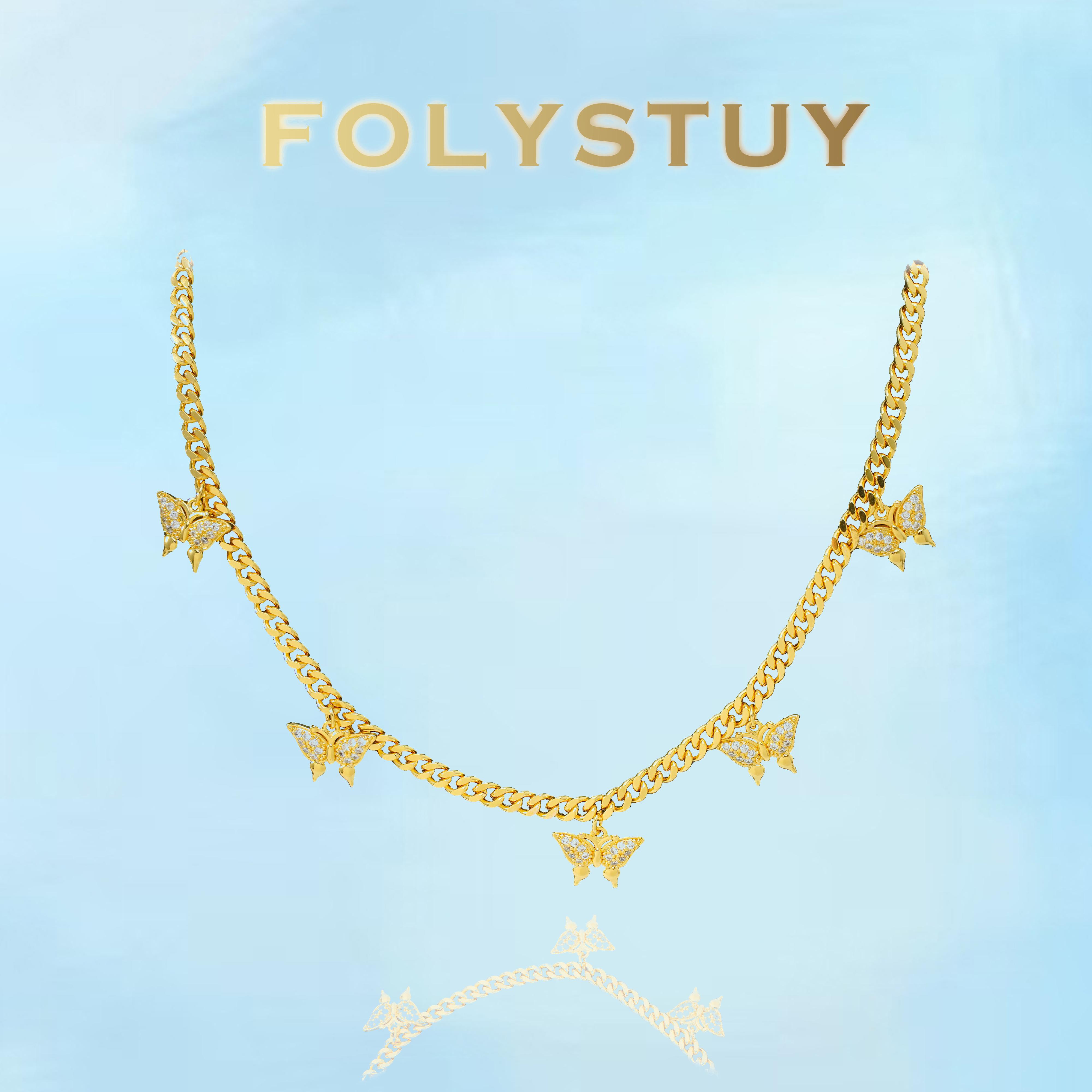 [FOLYSTUY (Y137)]Sparkly Butterfly Cuban Chain Necklace, 0.20" Width 19.6" Length Trendy Fashion Jewelry
