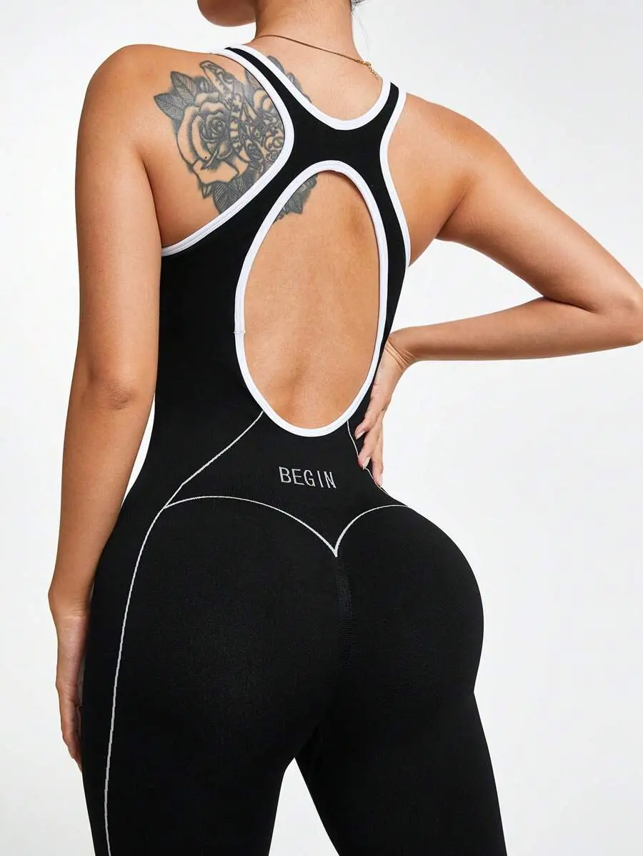 LUNA LAYER Womens Sleeveless Color Block Splicing Minimalist Fitted Jumpsuit