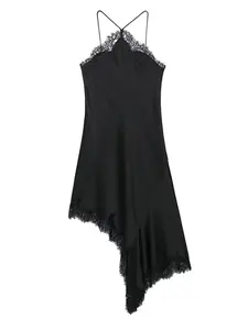 Elegant Lace Strap Backless Woven Fitted Dress, Asymmetrical Hem, Halter Neckline, Mid-Waist Fit, Perfect for Special Occasions, Womenswear