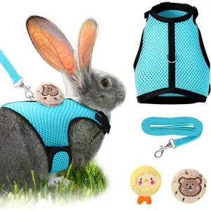 Easter Bunny Costume Rabbit Harness and Leash Set with 2 Cute Decorations Bunny Clothes Adjustable Buckle Breathable Mesh Vest Harness for Rabbits Ferret Small Pig Puppy(Light Blue,Lively Pattern)