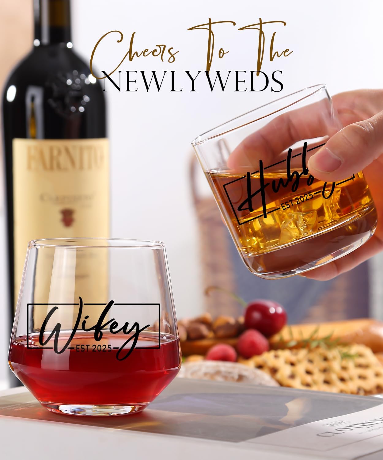 Hubby & Wifey Wine & Whiskey Glass Set for Mr & Mrs Gifts - Anniversary Wedding Gift, Unique Bridal Shower Gift, Drinkware