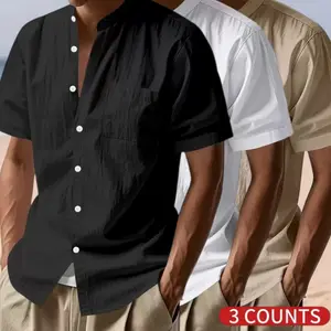 Men's 3-Pack Linen Blend Short Sleeve Button Down Shirts – Casual Stand Collar Solid Color Tops with Chest Pocket, Lightweight Breathable Loose Fit for Beach Vacation & Daily Wear (Black, White, Khaki)