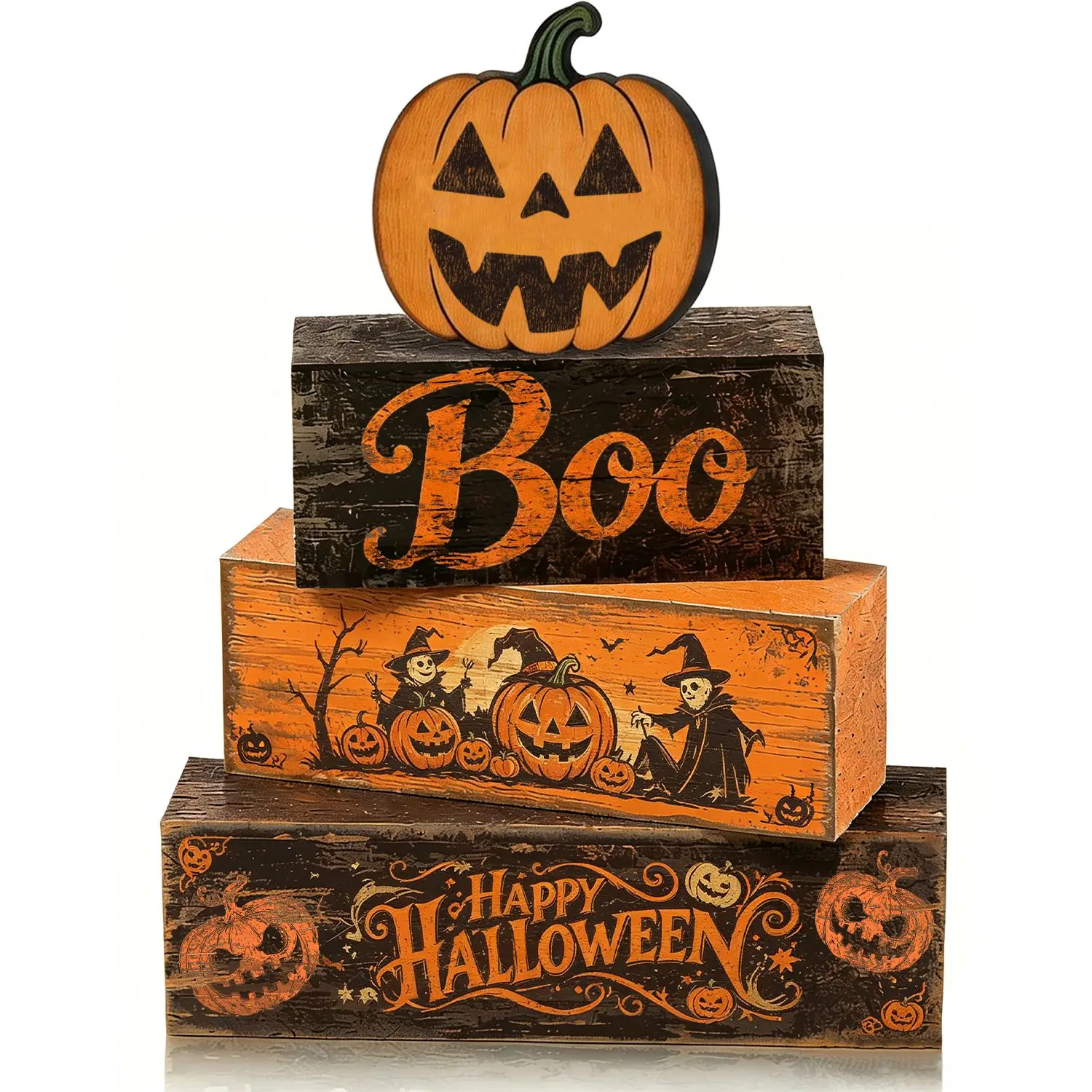 4 Pcs Bagged Scary Pumpkin Face Wooden Signs, Halloween Aesthetic Farmhouse Rustic Decor for Tiered Tray, Tabletop Centerpieces, Home Kitchen Shelf Mantel, Pumpkin Faces