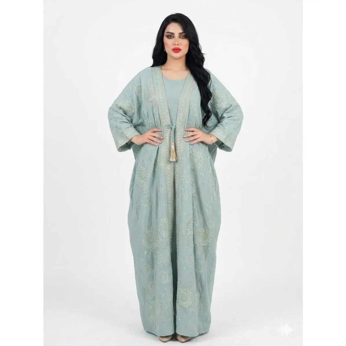 Women's Farasha Embroidered Abaya Set - Tribal Pattern, Batwing Sleeve, Loose-Fitting, Flowing Silhouettes, Neutral & Rich Tones, Quality Fabrics, Refined Details, Below-Ankle Modest Autumn Dress for Eid, Ramadan, Below The Ankle, Farasha Set