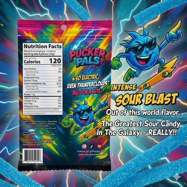 Pucker Pals Sour Candy – Blue Raspberry Extreme Gummy Candy Sour Strips, Bold Sweet & Sour Belts, Gummies For Party Size Gummy Worms Halloween Stocking Stuffers Game Night Boys Girls Teen Kids Adults
