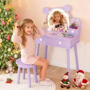 Garvee Children's Makeup Playset with Lights, Bear-Shaped Makeup Computer, Mirror, Stool, and Wooden Princess Makeup Table for Bedroom and Playtime