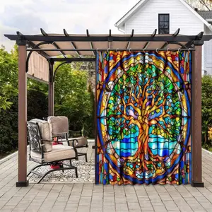 Tree Of Life Pattern Stained Glass Design Light Filtering Patio, Garage Door Curtain, Waterproof Garden Curtain, Machine Washable Curtain with Hooks for Easy Installation