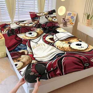 Stylish bear pattern printed bedspread, including 1 bed sheet and 2 pillowcases, with anti-slip dust cover suitable for bedrooms and guest rooms, perfect for personal use or gifting