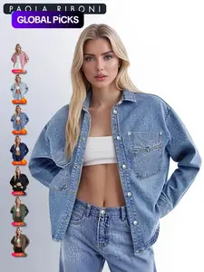 Women's Plain Drop Shoulder Long Sleeves Denim Jacket Coats, Casual Outerwear With Pockets For All Seasons