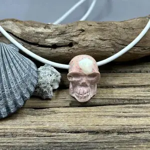Cantera Mexican Opal Skull Necklace on White Leather