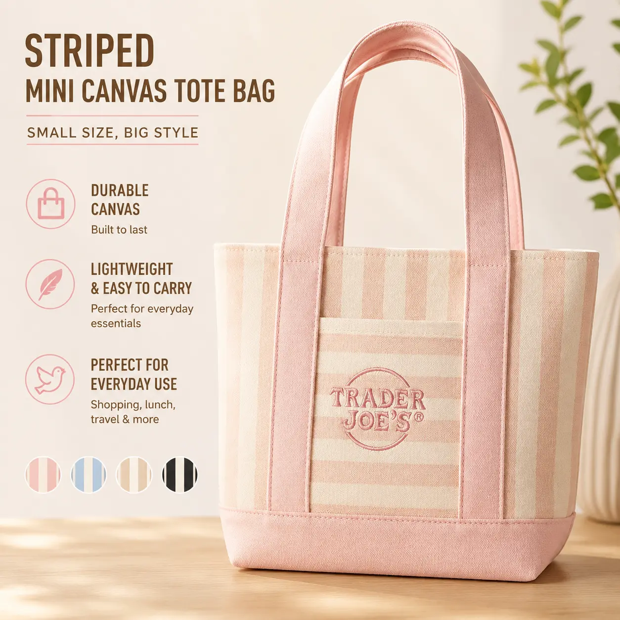 Trader Joe's Mini Pastel Striped Canvas Tote Bag - Lightweight Women's Casual Commuter Bag with Front Pocket, Reusable Knitting & Crochet Yarn Storage Tote (Grocery Shopping, Lunch Use)