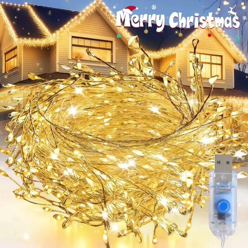 Christmas Fairy Lights USB Powered, 50/100 LED Flashing Copper Color Fireworks String, 8 Lighting Modes, Ceiling, Wreath, Party, Wedding, Tree Decor, Outdoor Twinkle Lights, Outdoor Party Decorations