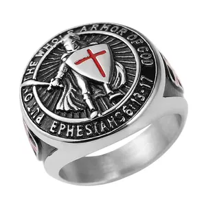 HZMAN Knights Templar Put On The Whole Armor of God Ephesians 6:13-17 Red Cross Design Men's Stainless Steel Ring