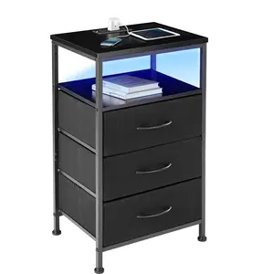 Nightstand with Charging Station & LED Light Strip, Bedside Table with 5 Fabric Drawers, USB/Type-C Ports and Outlets for Bedroom